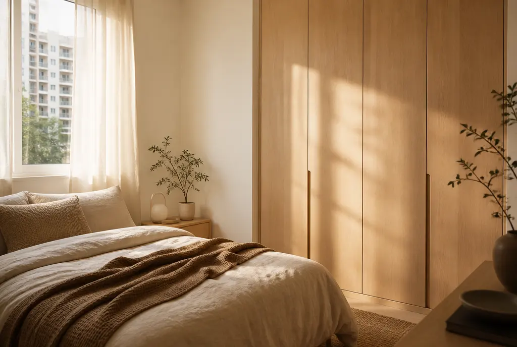A serene bedroom corner with a freshly painted warm white wall and built-in oak wardrobe