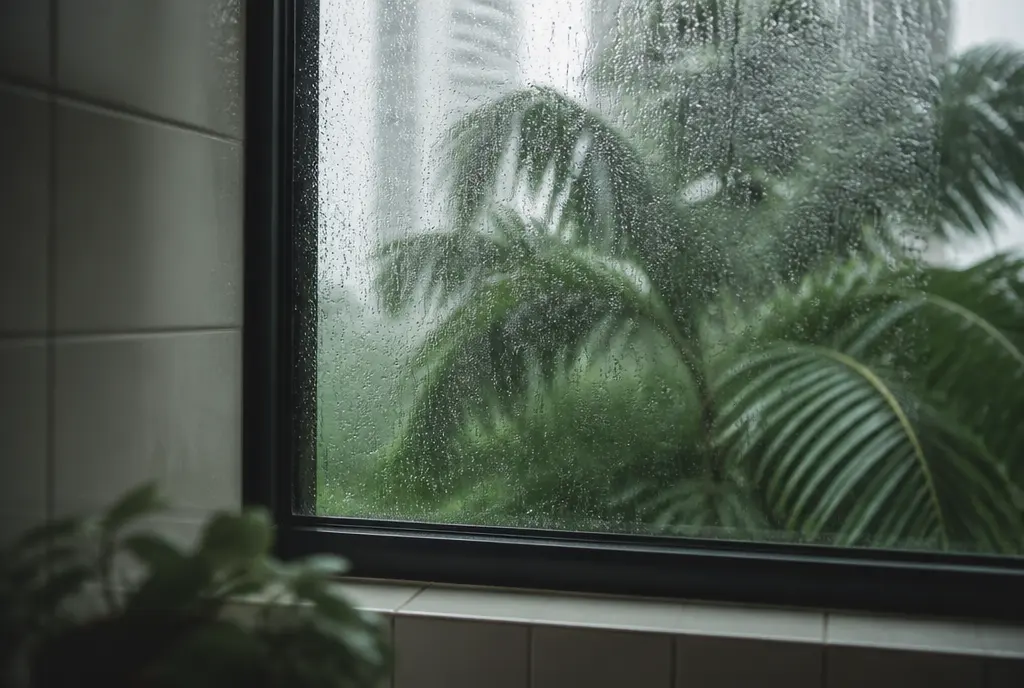 Tropical rain seen through a misted window with condensation, blurred greenery outside